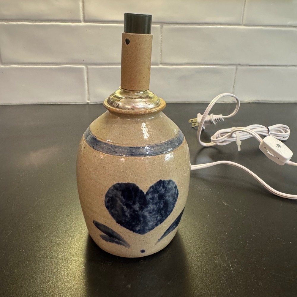 Handmade Stoneware Pottery Table Lamp Small Tan Blue Heart Folk Art Glazed